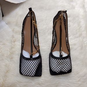 Bottega Veneta Stretch Black Mesh Square Toe Pumps